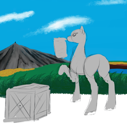 Size: 2000x2000 | Tagged: safe, artist:silverfan, pony, box, mountain, solo, wip