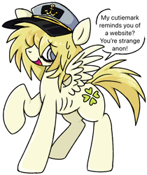 Size: 572x681 | Tagged: safe, artist:muffinz, oc, oc only, oc:luckybreak, pegasus, pony, captain hat, hat, male, ribs, simple background, solo, speech bubble, stallion, white background