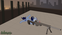 Size: 1440x810 | Tagged: safe, artist:minus, derpibooru exclusive, oc, oc only, oc:blue screen, pony, unicorn, 2018, aiming, city, cityscape, colored, complex background, eye bulging, gun, horn, lying down, pony oc, prone, rifle, rooftop, skyline, small, sniper, sniper rifle, solo, sunrise, tiled floor, unicorn oc, weapon