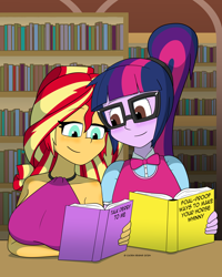 Size: 4800x6000 | Tagged: safe, artist:cadenreigns, sci-twi, sunset shimmer, twilight sparkle, human, equestria girls, g4, book, book cover, bookshelf, breasts, busty sunset shimmer, clothes, cover, date, duo, duo female, female, humanized, lesbian, library, reading, ship:sci-twishimmer, ship:sunsetsparkle, shipping, shirt, smiling
