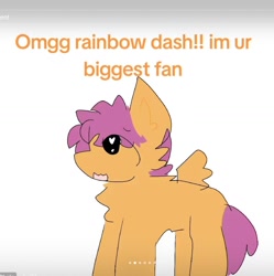 Size: 1338x1342 | Tagged: safe, artist:worry qwp., part of a set, scootaloo, pegasus, pony, comic:silly comic, g4, comic, crappy art, cute, cutealoo, heart, heart eyes, implied rainbow dash, looking up, offscreen character, part of a series, short mane, solo, tiktok slideshow, tiktok source, wingding eyes