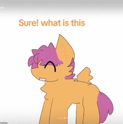 Size: 1340x1343 | Tagged: safe, artist:worry qwp., part of a set, scootaloo, pegasus, pony, comic:silly comic, g4, comic, crappy art, cute, cutealoo, offscreen character, part of a series, question, short mane, solo, tiktok slideshow, tiktok source