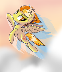 Size: 2480x2854 | Tagged: safe, artist:notadeliciouspotato, spitfire, pegasus, pony, g4, afterimage, cloud, female, flying, lidded eyes, mare, signature, smiling, solo, spread wings, wings