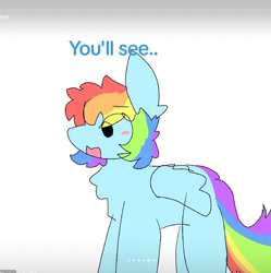 Size: 1332x1340 | Tagged: safe, artist:worry qwp., part of a set, rainbow dash, pegasus, pony, comic:silly comic, g4, blushing, comic, crappy art, offscreen character, part of a series, pastel, short mane, solo, tiktok slideshow, tiktok source