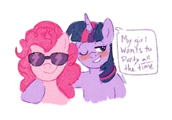 Size: 1479x1036 | Tagged: safe, artist:dravenday, pinkie pie, twilight sparkle, alicorn, earth pony, pony, g4, blushing, duo, duo female, female, glasses, lesbian, mare, ship:twinkie, shipping, simple background, smiling, sunglasses, twilight sparkle (alicorn), white background