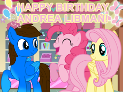 Size: 1024x768 | Tagged: safe, artist:bluemario11, fluttershy, pinkie pie, oc, oc:blue thunder, earth pony, pegasus, g4, andrea libman, female, happy birthday, male, pegasus oc, sugarcube corner, trio