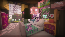 Size: 2560x1440 | Tagged: safe, artist:seurnik, oc, oc only, oc:sweetieck dreams, pony, unicorn, g4, bed, book, female, filly, flower, foal, horn, mare, not sweetie belle, reading, solo, unicorn horn, unicorn oc, window, younger