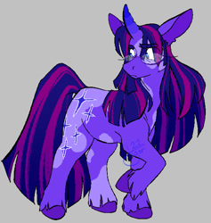 Size: 592x624 | Tagged: safe, artist:botdraws, twilight sparkle, pony, unicorn, g4, alternate coat color, alternate color palette, alternate cutie mark, alternate eye color, alternate hairstyle, alternate mane color, alternate tail color, bangs, big mane, big tail, blue eyes, cascading cutie mark, colored, colored eyebrows, colored hooves, colored horn, colored pinnae, colored pupils, curved horn, ear fluff, eye clipping through hair, eyebrows, eyebrows visible through hair, facial markings, flat colors, frown, glasses, gradient mane, gradient tail, gray background, hooves, horn, leg markings, long mane, long tail, looking back, multicolored horn, multicolored mane, multicolored tail, pink pupils, purple coat, purple hooves, raised hoof, signature, simple background, solo, splotches, standing, standing on three hooves, straight mane, straight tail, striped mane, striped tail, tail, tall ears, unicorn horn, unicorn twilight, unshorn fetlocks, wall of tags