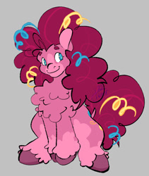 Size: 878x1038 | Tagged: safe, artist:botdraws, pinkie pie, earth pony, pony, g4, alternate design, alternate mane color, alternate tail color, blaze (coat marking), blue eyes, chest fluff, coat markings, colored eyebrows, colored hooves, colored pinnae, curly mane, curly tail, eyelashes, facial markings, female, fluffy, gray background, hooves, looking away, magenta mane, magenta tail, mare, mealy mouth (coat marking), multicolored mane, multicolored tail, no pupils, pink coat, pink mane, pink tail, purple hooves, purple mane, purple tail, signature, simple background, sitting, smiling, socks (coat markings), solo, tail, three toned mane, three toned tail