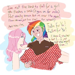 Size: 1474x1467 | Tagged: safe, artist:dravenday, fluttershy, rainbow dash, human, g4, bridal carry, carrying, clothes, dialogue, dress, duo, duo female, female, humanized, lesbian, ship:flutterdash, shipping