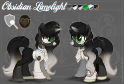 Size: 3492x2392 | Tagged: safe, artist:rrd-artist, oc, oc only, oc:obsidian limelight, crystal pony, unicorn, clothes, green eyes, horn, reference sheet, solo, stare, uniform