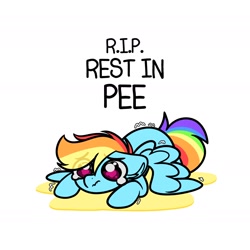 Size: 1752x1752 | Tagged: safe, artist:lbrcloud, rainbow dash, pegasus, pony, g4, accident, eye clipping through hair, eyebrows, eyebrows visible through hair, female, fetish, floppy ears, lying down, mare, piss puddle, prone, rest in peace, shaking, shivering, simple background, solo, spread wings, teary eyes, urine, white background, wings