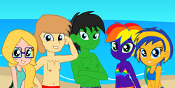 Size: 2002x1006 | Tagged: safe, artist:star-armour95, oc, oc only, oc:allie, oc:fidget, oc:flare spark, oc:rainbow flower, oc:star armour, human, equestria girls, g4, beach, female, male