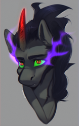 Size: 1515x2432 | Tagged: safe, artist:shrimpass1111, king sombra, pony, unicorn, g4, black mane, bust, curved horn, ear fluff, eye mist, eyebrows, gray coat, green sclera, horn, male, portrait, red eyes, simple background, slit pupils, solo, stallion, unicorn horn