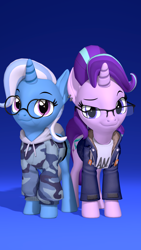 Size: 2160x3840 | Tagged: safe, artist:owlpirate, starlight glimmer, trixie, pony, unicorn, g4, 3d, 4k, clothes, duo, duo female, female, glasses, gradient background, high res, hoodie, horn, jacket, looking at you, mare, smiling, smiling at you, source filmmaker