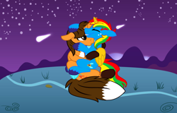 Size: 3848x2460 | Tagged: safe, artist:shieldwingarmorofgod, oc, oc only, oc:ej, oc:shield wing, earth pony, pony, unicorn, g4, duo, duo male, gay, horn, hug, male, night, night sky, shooting star, sky, unshorn fetlocks