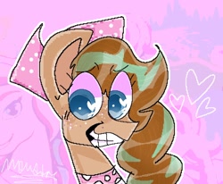 Size: 2098x1731 | Tagged: safe, artist:moudiac, horse, bandana, bust, caffeine overload, cocoa (wild manes), female, freckles, grin, heart, mare, nervous, nervous smile, portrait, smiling, solo, sweat, sweatdrop, wild manes