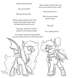 Size: 2142x2241 | Tagged: safe, artist:moonatik, oc, oc only, oc:selenite, bat pony, pony, bat pony oc, boots, clothes, dialogue, female, gloves, hair bun, implied lord tirek, implied queen chrysalis, implied storm king, mare, military uniform, self paradox, self ponidox, shoes, simple background, sketch, skirt, solo, spread wings, suit, tail, tail bun, uniform, white background, wings