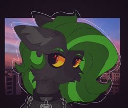 Size: 1088x919 | Tagged: safe, oc, oc only, pony, cheek fluff, choker, colored ear fluff, colored eyebrows, colored sclera, ear fluff, frown, gray coat, green mane, outline, real life background, red eyes, solo, two toned mane, yellow sclera