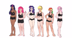 Size: 3534x1878 | Tagged: safe, artist:dravenday, applejack, fluttershy, pinkie pie, rainbow dash, rarity, twilight sparkle, human, g4, applejack's hat, barefoot, belly, belly button, black underwear, breasts, clothes, cowboy hat, diversity, eyeshadow, farmer's tan, feet, female, freckles, grin, hat, humanized, lipstick, makeup, mane six, one eye closed, panties, simple background, size difference, smiling, sports bra, underwear, white background, wink