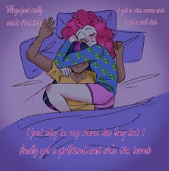 Size: 855x861 | Tagged: safe, artist:dravenday, pinkie pie, twilight sparkle, human, g4, bed, bedroom, blanket, clothes, cute, dark skin, duo, duo female, eyes closed, female, hug, humanized, lesbian, pajamas, pillow, pink underwear, ship:twinkie, shipping, shirt, sleeping, song reference, t-shirt, underwear