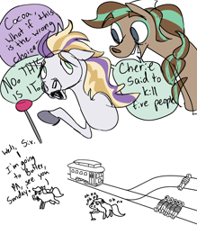 Size: 2100x2394 | Tagged: safe, artist:imiya, horse, human, cocoa (wild manes), dialogue, female, finley (wild manes), imminent death, implied assassination, lever, mare, nervous, open mouth, open smile, peril, rope, smiling, speech bubble, tail, tied to tracks, tied up, train tracks, trolley, trolley problem, wild manes