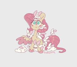 Size: 2300x2000 | Tagged: safe, artist:bishopony, fluttershy, pony, rabbit, g4, animal, blush scribble, blushing, bunny on head, colored eyelashes, colored hooves, colored wings, colored wingtips, critter magnet, desaturated, female, frown, gray background, high res, hooves, long mane, long tail, magenta eyelashes, mare, no pupils, one wing out, pink hooves, pink mane, pink tail, pink text, pink wingtips, purple eyelashes, requested art, shiny mane, shiny tail, signature, simple background, sitting, solo, tail, teal eyes, text, that pony sure does love animals, two toned wings, unshorn fetlocks, wavy mane, wavy tail, wings, yellow coat