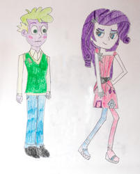 Size: 719x896 | Tagged: safe, artist:hakdurbin, rarity, spike, human, equestria girls, g4, life is a runway, blushing, clothes, dress, duo, duo male and female, eyeshadow, female, human spike, humanized, lidded eyes, makeup, male, ship:sparity, shipping, shoes, smiling, straight, traditional art