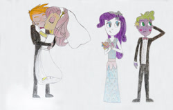 Size: 1024x651 | Tagged: safe, artist:hakdurbin, big macintosh, fluttershy, rarity, spike, human, equestria girls, g4, blushing, bouquet, clothes, dress, eyes closed, eyeshadow, female, flower, freckles, human spike, humanized, kiss on the lips, kissing, lidded eyes, maid of honor, makeup, male, ring bearer, ship:fluttermac, ship:sparity, shipping, smiling, straight, traditional art, veil, wedding dress, wedding veil