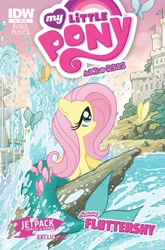 Size: 1054x1600 | Tagged: safe, artist:tony fleecs, idw, official comic, fluttershy, butterfly, mermaid, merpony, g4, micro-series #4, my little pony micro-series, castle, comic cover, cover, cover art, fountain, my little pony logo, outdoors, solo, variant cover, water