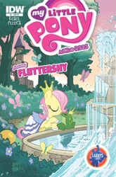 Size: 1054x1600 | Tagged: safe, artist:tony fleecs, idw, official comic, fluttershy, butterfly, frog, pegasus, pony, g4, micro-series #4, my little pony micro-series, bush, castle, clothes, comic cover, cover, cover art, crown, dress, eyes closed, fairy tale, female, filly, filly fluttershy, flower, fountain, imminent kissing, jewelry, male, mare, my little pony logo, outdoors, prince, princess, regalia, sitting, solo, tail, the frog prince, tree, variant cover, water, younger