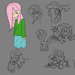 Size: 1155x1155 | Tagged: safe, artist:this_sl0th, applejack, fluttershy, pinkie pie, oc, earth pony, human, pegasus, pony, anthro, g4, flower, gray background, humanized, simple background, sketch, sketch dump, tongue out, watering can