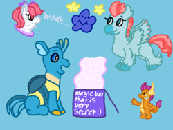 Size: 1600x1200 | Tagged: safe, artist:mintwhistle, gallus, mistyglow, ocellus, smolder, changedling, changeling, classical hippogriff, dragon, earth pony, hippogriff, pony, g1, g4, antennae, atg 2024, blue background, box, changedlingified, changelingified, classical hippogriffied, colored hooves, colored wings, colored wingtips, dragoness, fairy brights, fancy swirl ponies, feathered fetlocks, female, flying, gallusling, group, hippogriff ocellus, hippogriffied, hooves, implied transformation, looking at something, magic, male, mare, medibang paint, micro, newbie artist training grounds, polaris (g1), portal, quartet, scared, simple background, sitting, small, smiling, smol, species swap, spread wings, stars, surprised, sweat, sweatdrops, teenaged dragon, teenager, tiny, unshorn fetlocks, wings, woah, worried