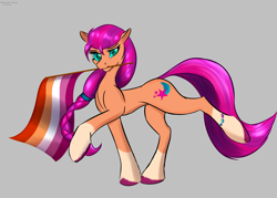 Size: 3023x2161 | Tagged: safe, artist:renarde-louve, sunny starscout, earth pony, g5, coat markings, concave belly, female, flag, gray background, leg band, lesbian pride flag, mare, pride, pride flag, scrunchie, simple background, slender, socks (coat markings), solo, standing on two hooves, thin
