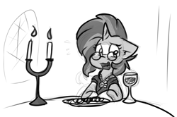 Size: 1285x851 | Tagged: safe, artist:zutcha, sunburst, pony, unicorn, g4, alcohol, candelabra, clothes, date, dinner, dress, emanata, female, floppy ears, food, glass, grayscale, horn, jewelry, looking away, mare, monochrome, necklace, open mouth, plewds, rule 63, simple background, sketch, solo, sunstone, wavy mouth, white background, wine, wine glass