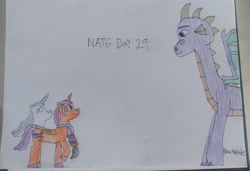 Size: 3515x2409 | Tagged: safe, artist:blackblade360, spike, sunny starscout, twilight sparkle, alicorn, dragon, earth pony, ghost, ghost pony, pony, undead, unicorn, g4, g5, adult spike, atg 2024, claws, colored pencil drawing, cyan eyes, dragon lord spike, female, fins, generation leap, green eyes, horn, irl, looking at each other, looking at someone, male, mane stripe sunny, mare, newbie artist training grounds, older spike, paper, photo, purple scales, race swap, signature, spike (g5), spikes, sunny and her heroine, sunnycorn, tail, traditional art, trio, two toned mane, two toned tail, unshorn fetlocks, winged spike