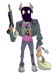 Size: 2828x3905 | Tagged: safe, artist:freakazoidthunk, oc, oc only, oc:the janitor, earth pony, anthro, unguligrade anthro, bag, biker, bipedal, carrot, clothes, deagle, denim, denim jacket, desert eagle, food, grocery bag, gun, heroine, hood, jacket, lottery ticket, mask, mlha, my little hazards area, opposable hooves, parody, riding wasps, sack mask, simple background, solo, syringe, transparent background, weapon