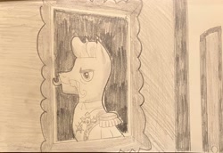 Size: 3094x2126 | Tagged: safe, artist:mlpfantealmintmoonrise, g4, mmmystery on the friendship express, atg 2024, bow, bust, clothes, door, facial hair, frame, framed picture, hair bow, male, medals, military, military pony, military uniform, monochrome, moustache, newbie artist training grounds, officer, painting characters, pencil drawing, ponytail, portrait, rank, scene interpretation, sir pony ponee (character), solo, stallion, traditional art, uniform