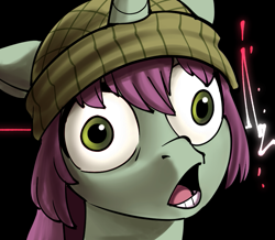 Size: 873x760 | Tagged: safe, artist:mickeymonster, mint grove, pony, unicorn, g5, beanie, black background, bust, faic, female, hat, horn, mare, open mouth, scene interpretation, simple background, solo