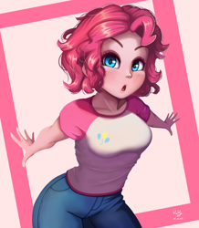 Size: 872x1000 | Tagged: safe, artist:the-park, pinkie pie, human, equestria girls, g4, :o, breasts, busty pinkie pie, cute, diapinkes, female, open mouth, short hair, solo