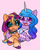 Size: 2400x3000 | Tagged: safe, artist:leopardsnaps, izzy moonbow, sunny starscout, earth pony, pony, unicorn, g5, :d, :p, arm around neck, bell, bell collar, blushing, choker, clothes, collar, crossed arms, crossed hooves, duo, horn, jewelry, looking at you, mane stripe sunny, multicolored hair, necklace, open mouth, open smile, pink background, rainbow hair, scrunchie, shirt, simple background, smiling, smiling at you, spiked choker, t-shirt, tongue out, unshorn fetlocks