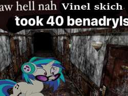 Size: 1024x768 | Tagged: safe, artist:caliazian, artist:epicheavytf2, artist:pyrogaming, edit, dj pon-3, vinyl scratch, pony, unicorn, g4, season 5, slice of life (episode), benadryl, door, doors, female, glasses, hallway, horn, hotel, implied drug use, implied drugs, mare, meme, misspelling, ponified, ponified meme, shitposting, silent hill, spunch bob, text, vinyl's glasses, white text, wide eyes, wrong aspect ratio