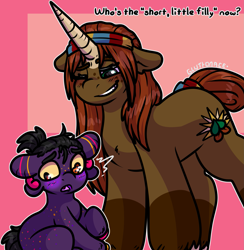 Size: 1831x1873 | Tagged: safe, artist:sexygoatgod, oc, oc only, oc:little bud, cusige, original species, pony, unicorn, age regression, blushing, commission, duo, female, horn, size difference, teasing, ych result, younger