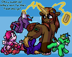 Size: 1851x1489 | Tagged: safe, artist:sexygoatgod, oc, oc only, oc:charming dazz, oc:little bud, pegasus, pony, unicorn, age regression, baby, baby pony, blushing, colt, commission, female, filly, foal, horn, male, mare, ych result, younger