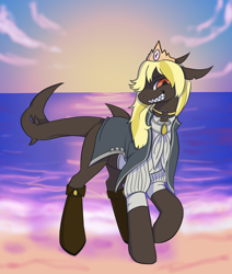 Size: 1736x2048 | Tagged: safe, artist:rainbowteeth, oc, oc only, oc:somebodyaswell, original species, shark, shark pony, beach, boots, clothes, coat, crown, jewelry, regalia, shoes, sunset