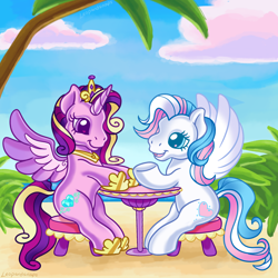 Size: 3000x3000 | Tagged: safe, artist:leopardsnaps, princess cadance, star catcher, alicorn, pegasus, pony, g3, g4, alternate cutie mark, beach, bush, cloud, colored wings, crown, female, g4 to g3, generation leap, gradient wings, high res, jewelry, looking at each other, looking at someone, mare, ocean, palm tree, regalia, sitting, stool, table, talking, tree, water, wings