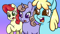 Size: 1800x1008 | Tagged: safe, artist:leopardsnaps, bunny moon, lilac custard, scarlet glory, earth pony, pony, unicorn, g4, female, gradient background, horn, looking at something, mare, missing cutie mark, open mouth, raised hoof, scene interpretation, shocked, trio, trio female