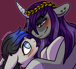 Size: 2000x1826 | Tagged: safe, artist:sexygoatgod, oc, oc only, oc:lazy hallows, oc:princess hallows, oc:silver strings, pony, blushing, commission, female, hypnosis, hypnotized, male, mare, size difference, stallion, starfall kingdom, ych result