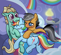 Size: 3000x2700 | Tagged: safe, artist:leopardsnaps, quibble pants, rainbow dash, zephyr breeze, earth pony, pegasus, pony, g4, bed, bisexual, bisexual male, blushing, butt, cuddle puddle, cuddling, eyes closed, female, happy, hug, hug from behind, male, one eye closed, plot, polyamory, pony pile, rainbow, rainbow dash's bedroom, rainbutt dash, ship:quibbledash, ship:quibblezephdash, ship:zephdash, shipping, smiling, straight, trio, underhoof, unshorn fetlocks