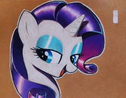Size: 3336x2600 | Tagged: safe, artist:mizhisha, rarity, pony, unicorn, g4, colored pencil drawing, female, horn, looking back, mare, open mouth, open smile, smiling, solo, traditional art